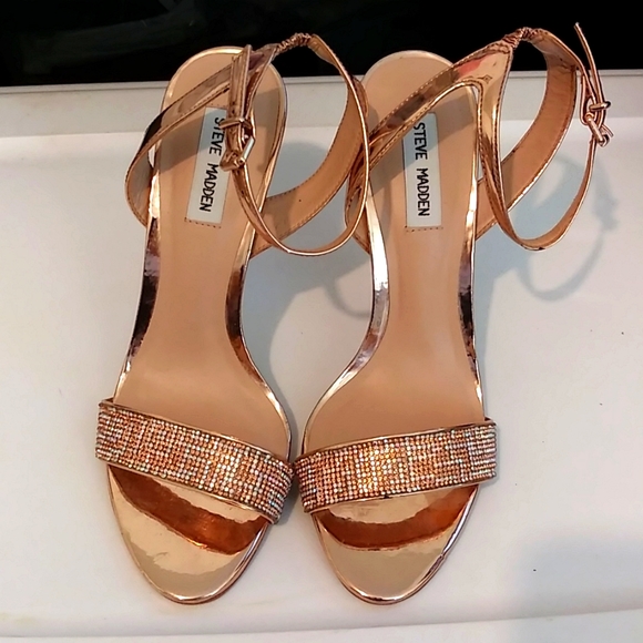 Steve Madden Shoes - Steve Madden Leona Rose Gold Strappy Rhinestone 4.5 in Heels, Size 9